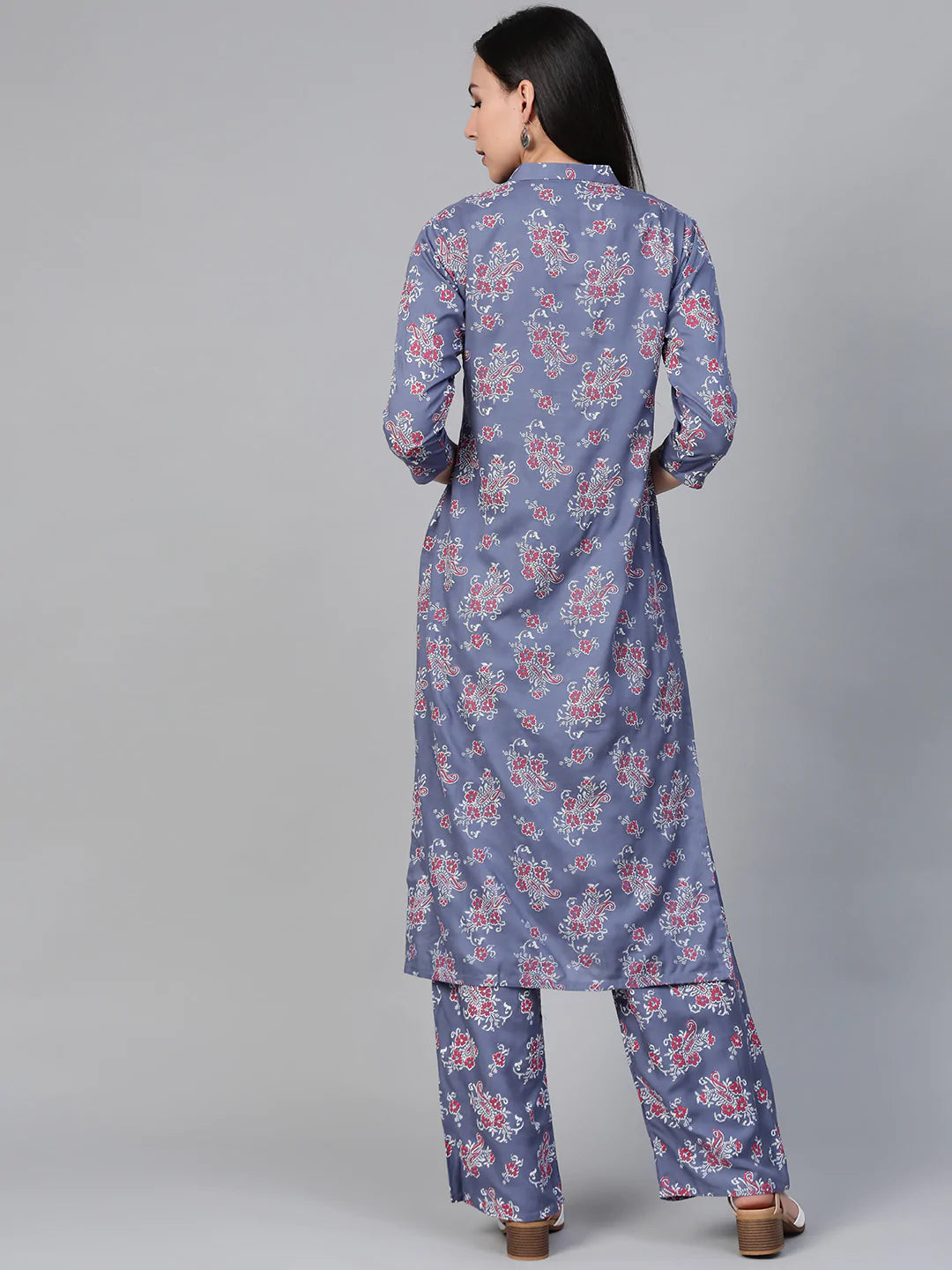 Women Grey & Pink Block Printed Kurta with Palazzos ( JOKPL 1341 Grey )