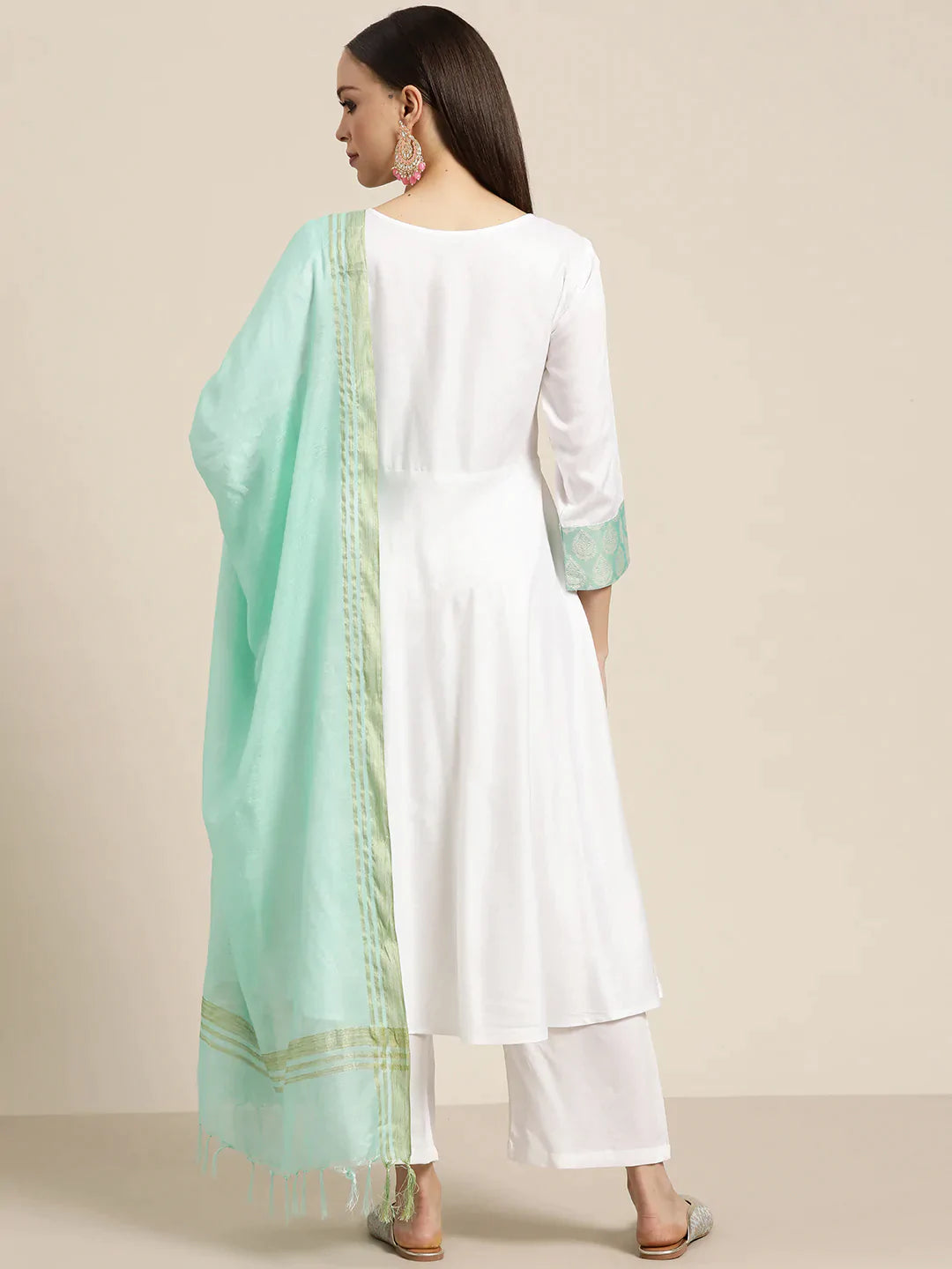 Women Yoke Design Jacquard Kurta with Palazzos & Dupatta ( JOKPL D20F 1483 Off-White )