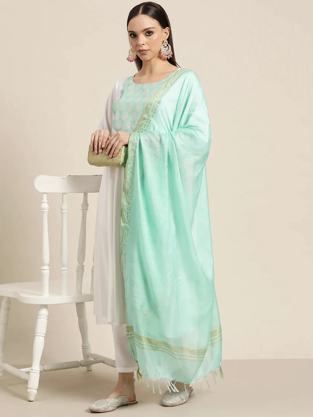Women Yoke Design Jacquard Kurta with Palazzos & Dupatta ( JOKPL D20F 1483 Off-White )