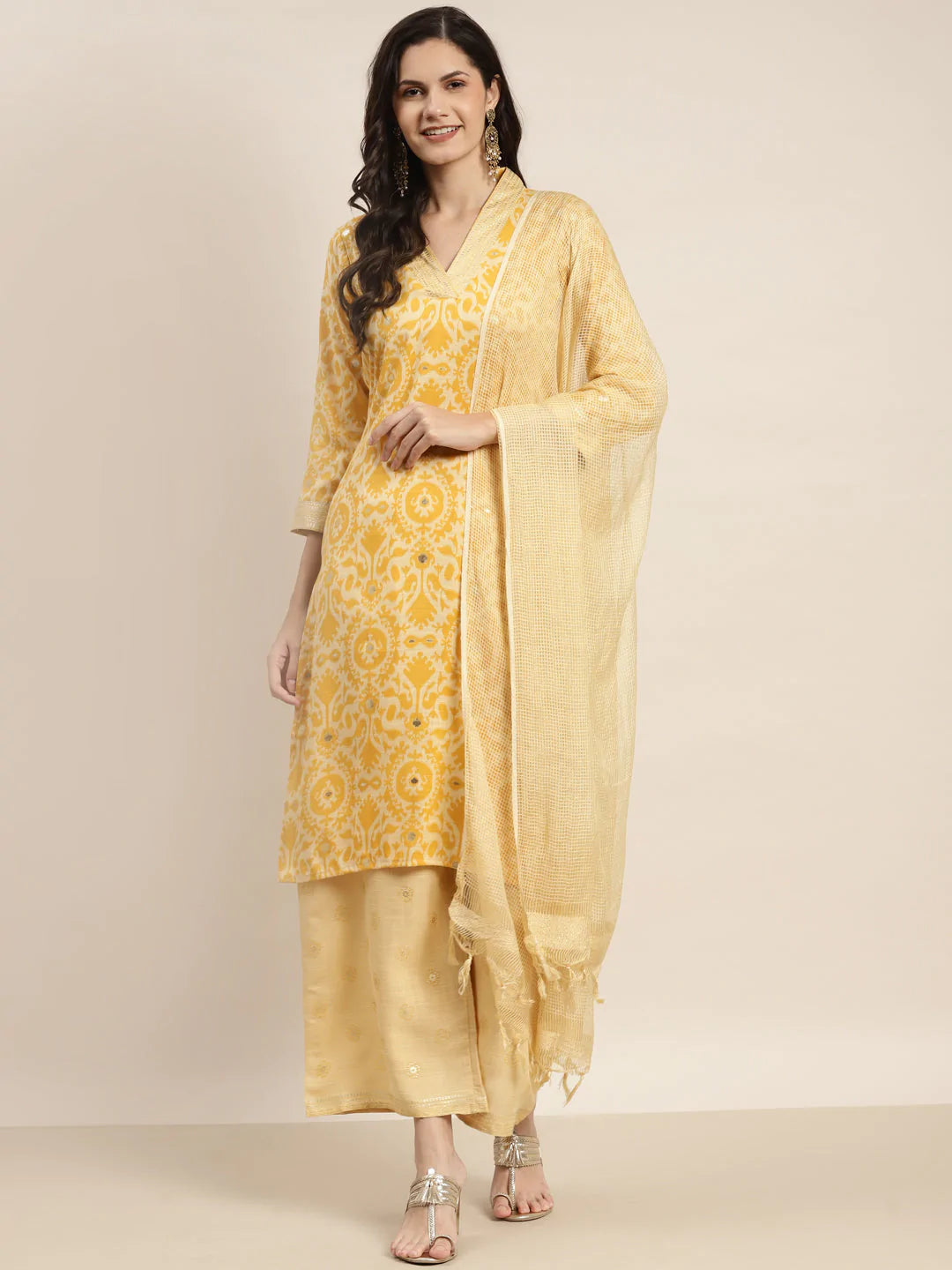 Printed Kurta with Palazzos & Dupatta ( JOKPL D31Bg 1458 Yellow )