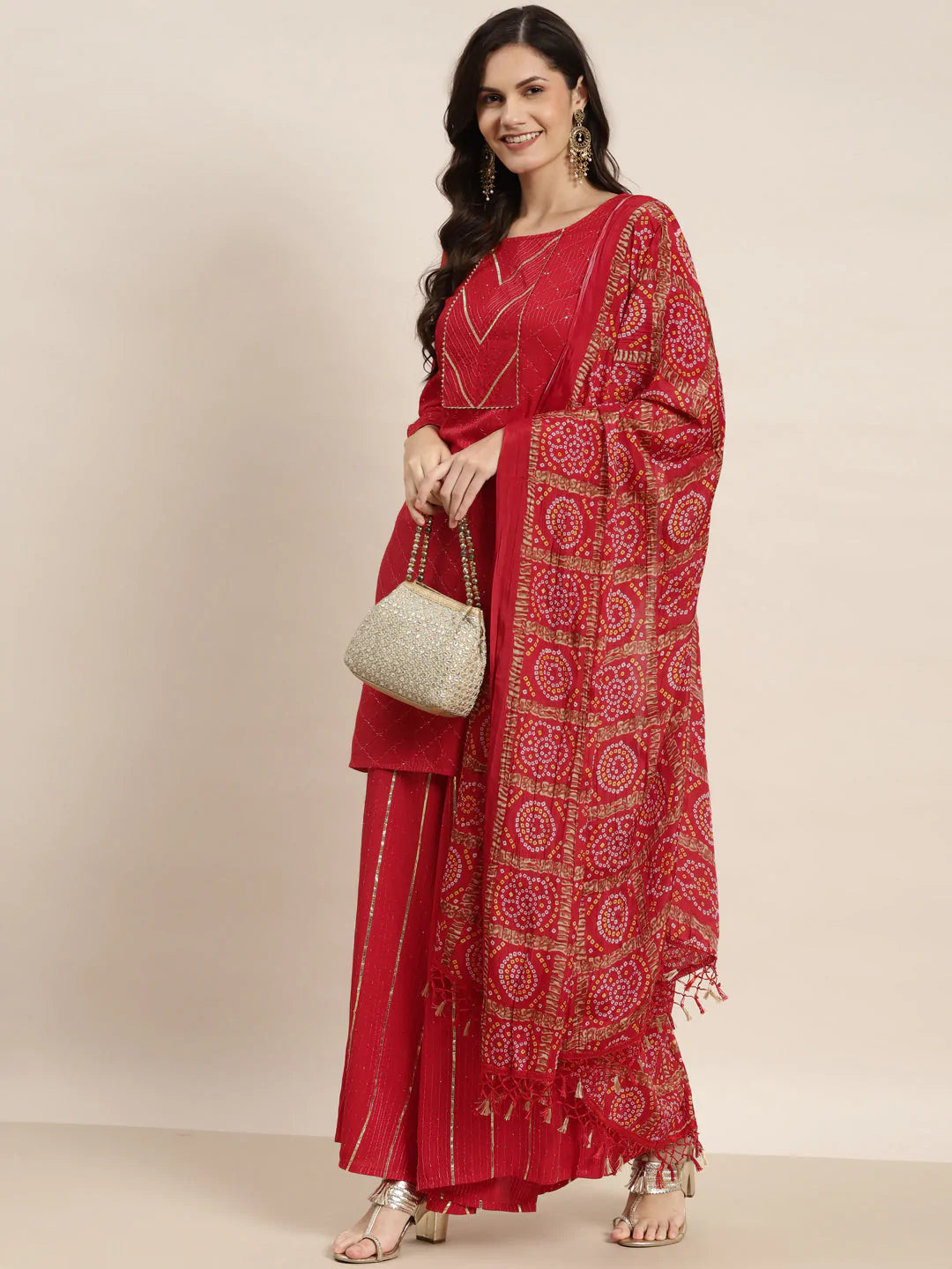 Embroidered Sequinned Kurta with Palazzos & Dupatta ( JOKPL D37R 1475 Red )