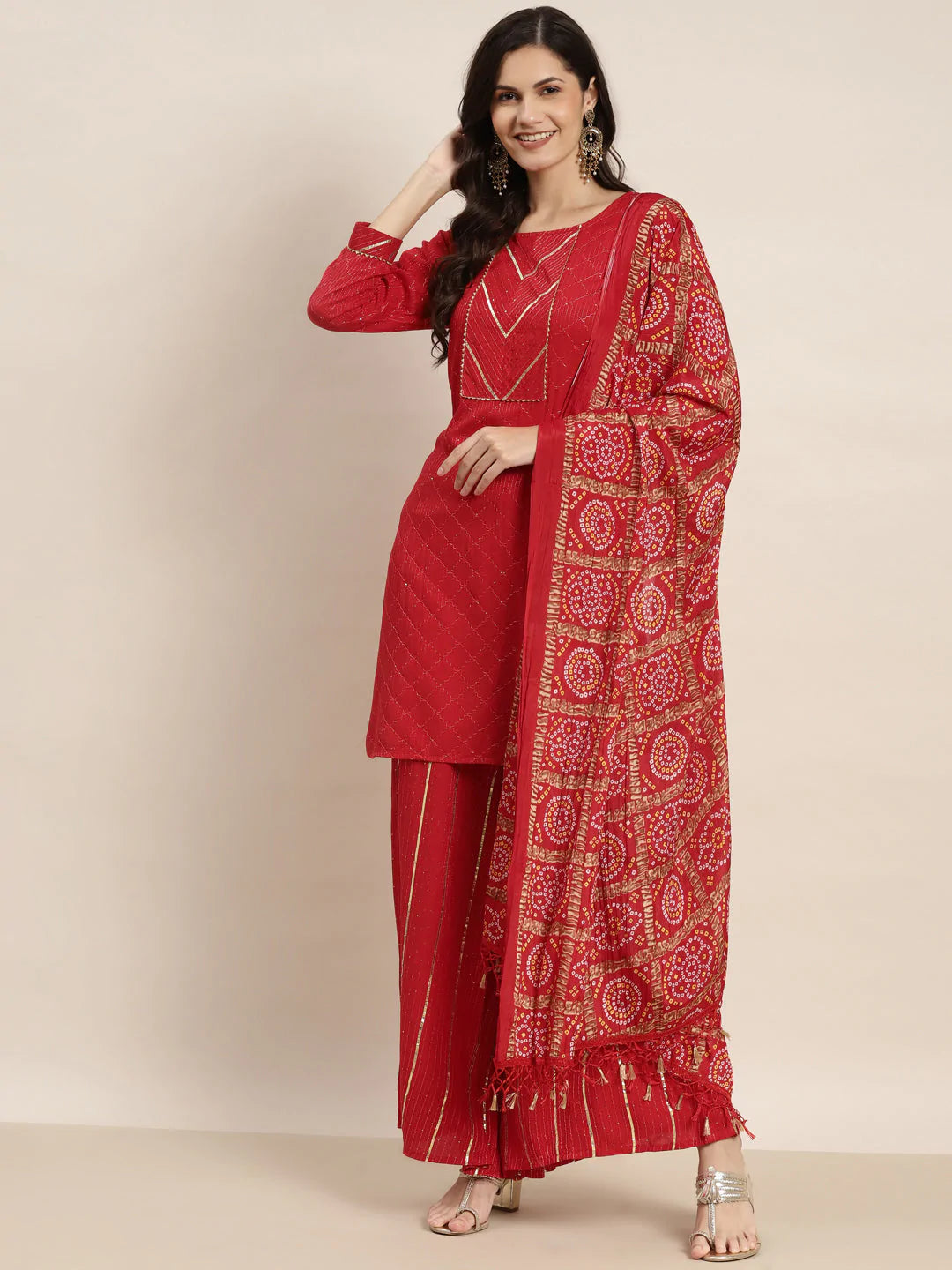 Embroidered Sequinned Kurta with Palazzos & Dupatta ( JOKPL D37R 1475 Red )
