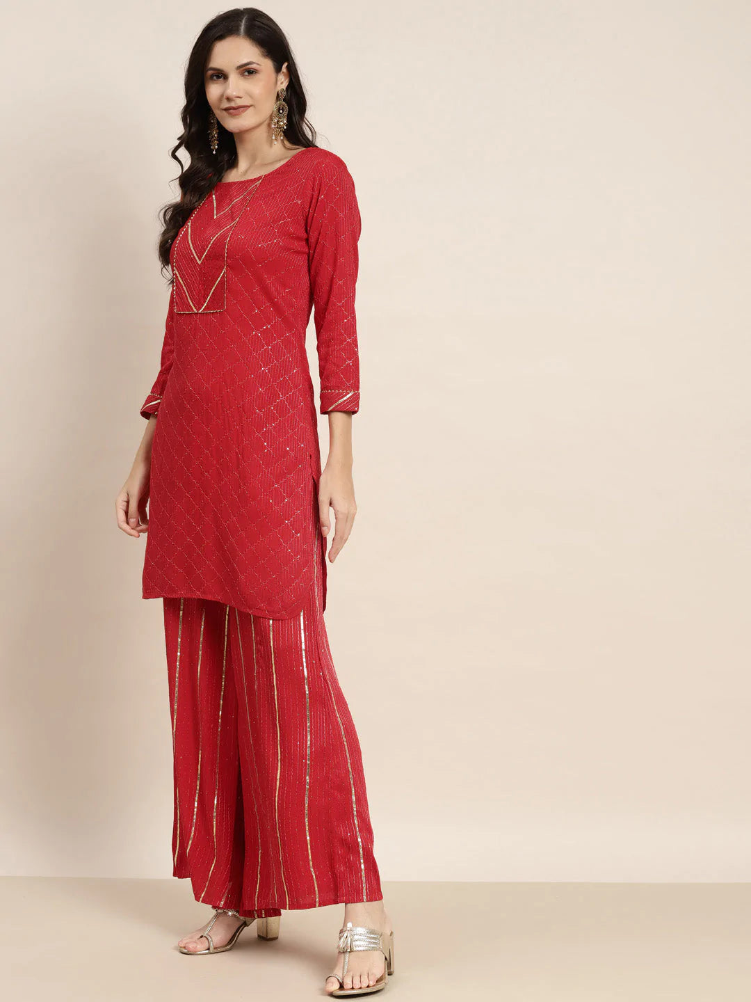 Embroidered Sequinned Kurta with Palazzos & Dupatta ( JOKPL D37R 1475 Red )