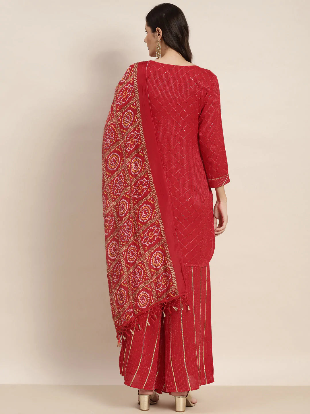 Embroidered Sequinned Kurta with Palazzos & Dupatta ( JOKPL D37R 1475 Red )