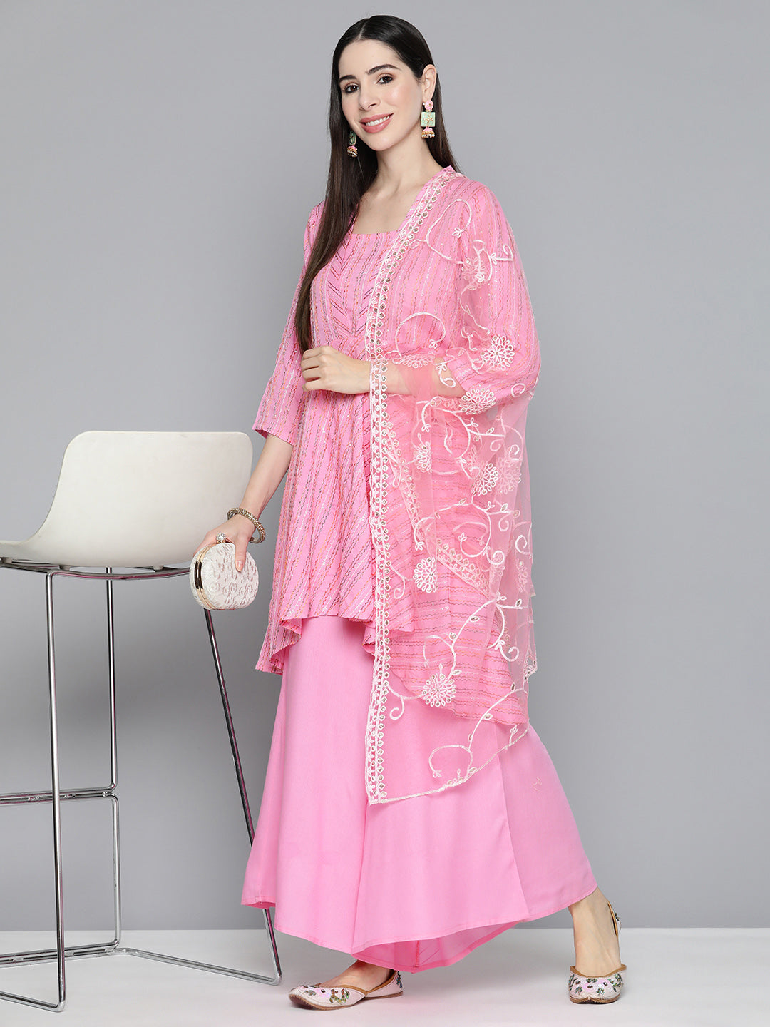 Pink Sequinned Kurta with Palazzos & With Dupatta ( JOKPL D44P 1493 Pink )