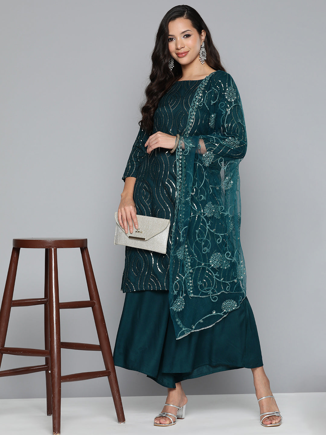 Teal Leheriya Sequinned Kurta with Palazzos & With Dupatta ( JOKPL D44T 1485 Teal )