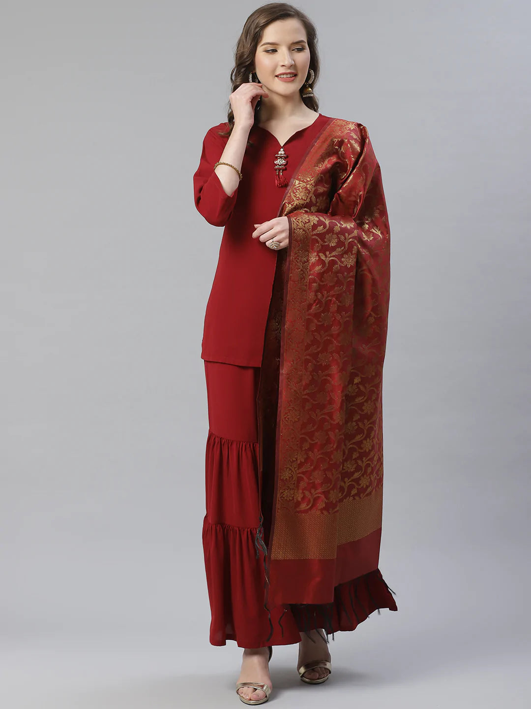 Jompers Women Maroon & Golden Solid Kurti with Sharara & Woven Design Dupatta (JOKPS D14M 1349 Maroon)
