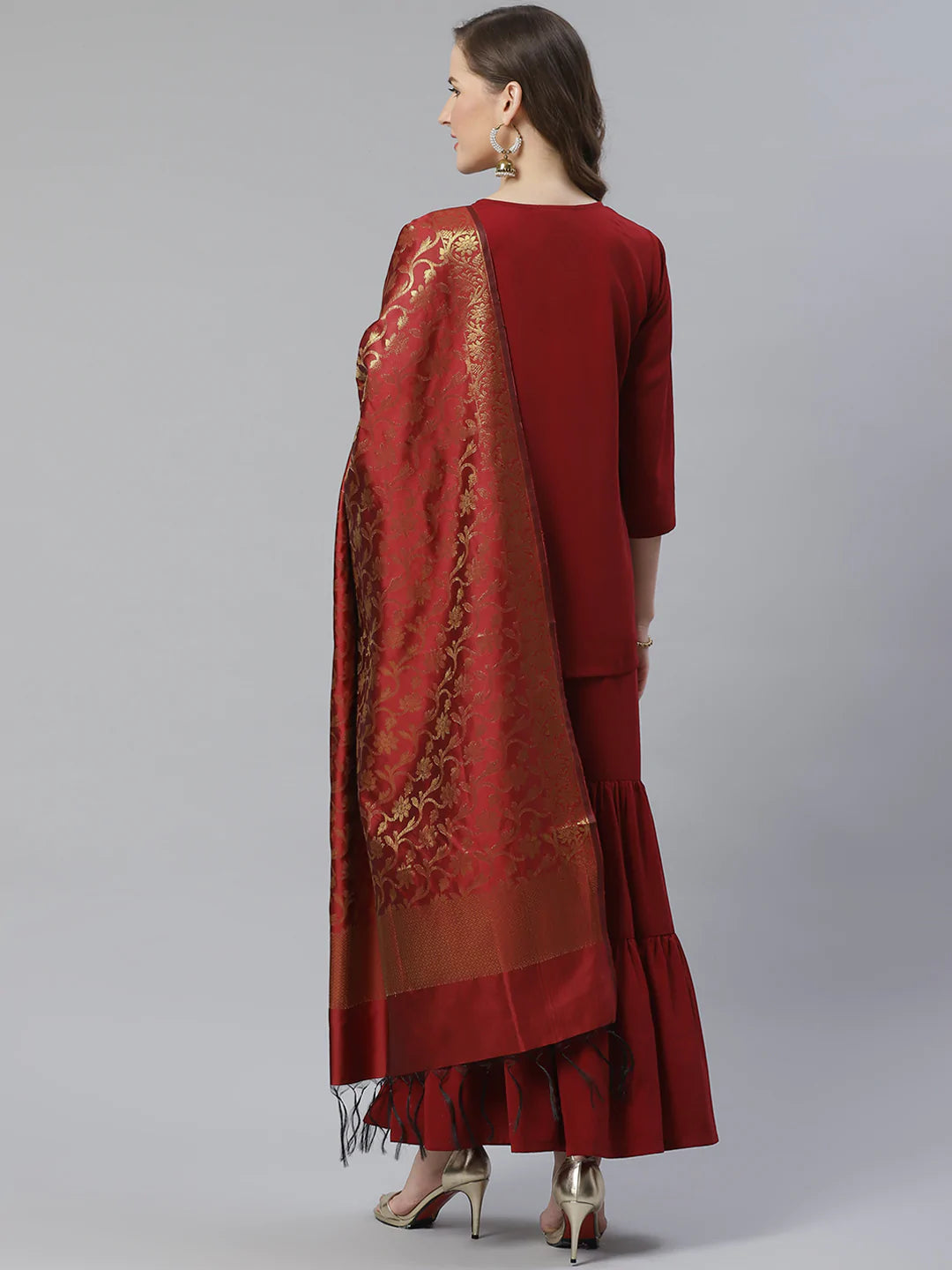Jompers Women Maroon & Golden Solid Kurti with Sharara & Woven Design Dupatta (JOKPS D14M 1349 Maroon)