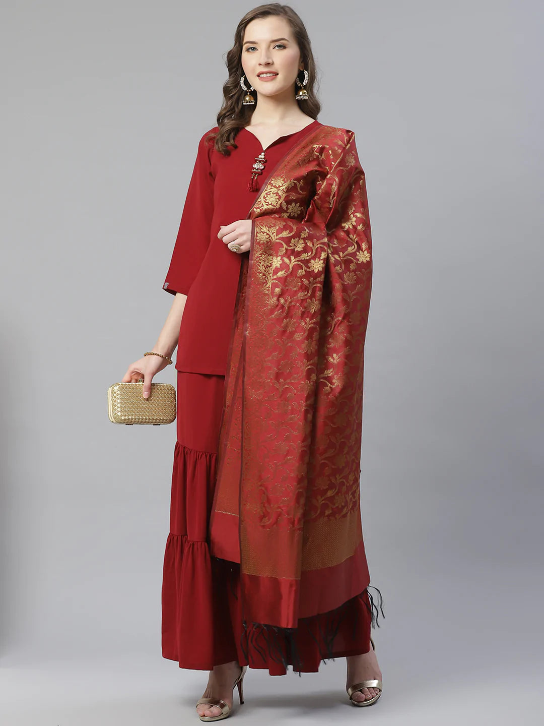 Jompers Women Maroon & Golden Solid Kurti with Sharara & Woven Design Dupatta (JOKPS D14M 1349 Maroon)