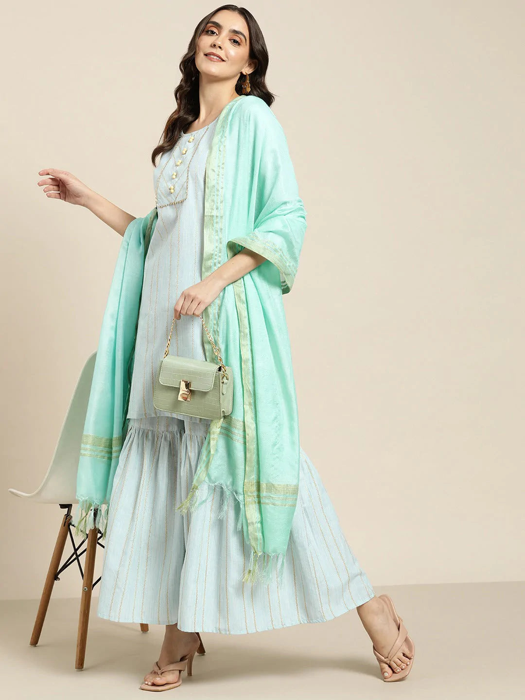 Women Turquoise Blue Woven Design Gotta Patti Kurta with Sharara & Dupatta ( JOKPS D20F 1438 Firozi )