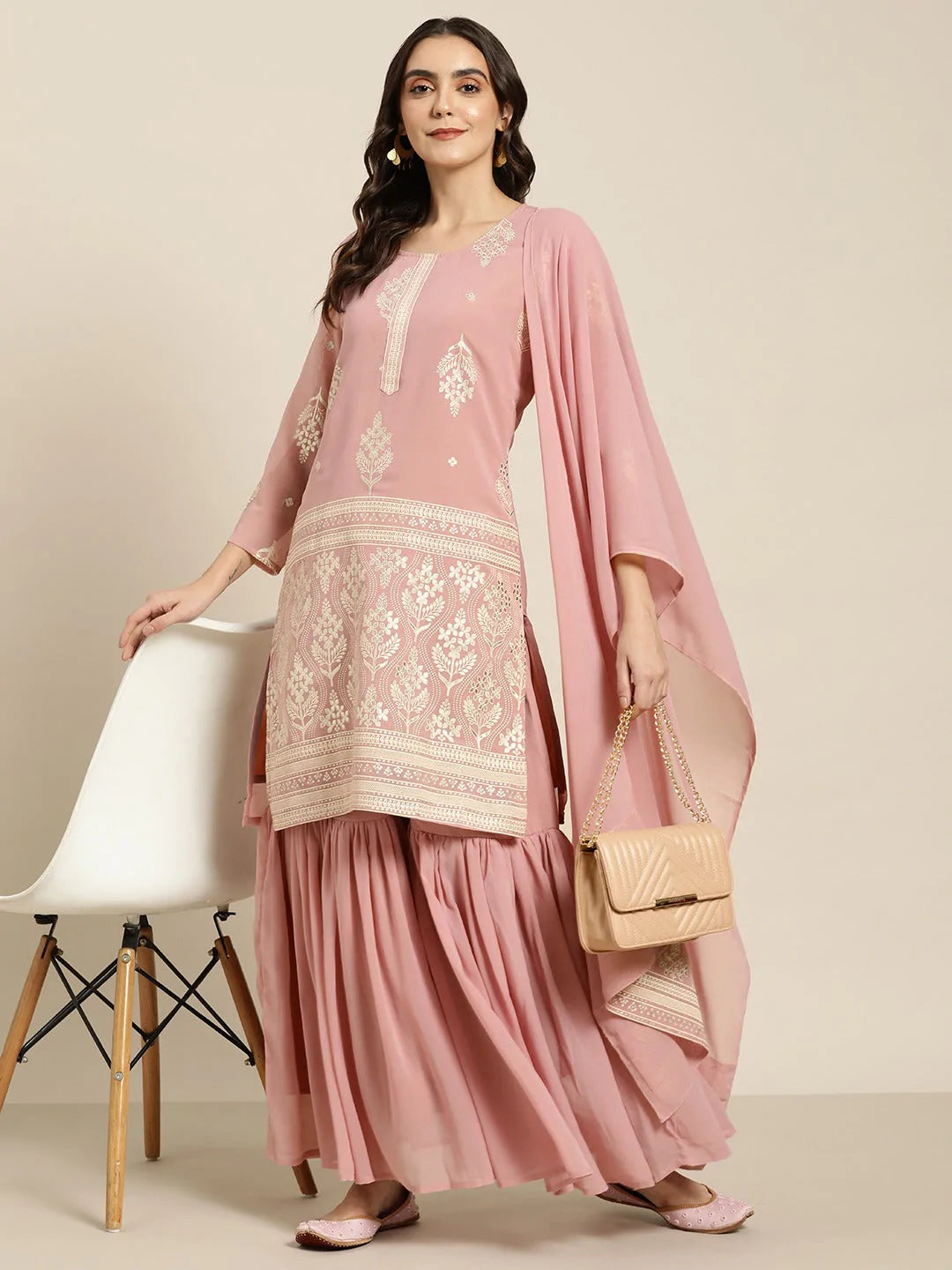 Women Pink & Silver Ethnic Motifs Foil Printed Straight Kurta Sharara Dupatta ( JOKPS D32P 1444 Pink )