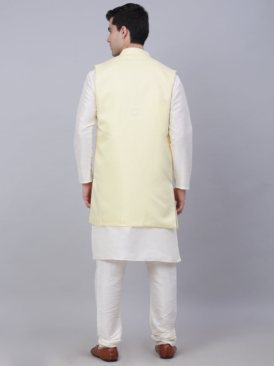 Men's Solid Kurta Pyjama With Shrug Jacket ( JOKPWCS W-D 4067Yellow )