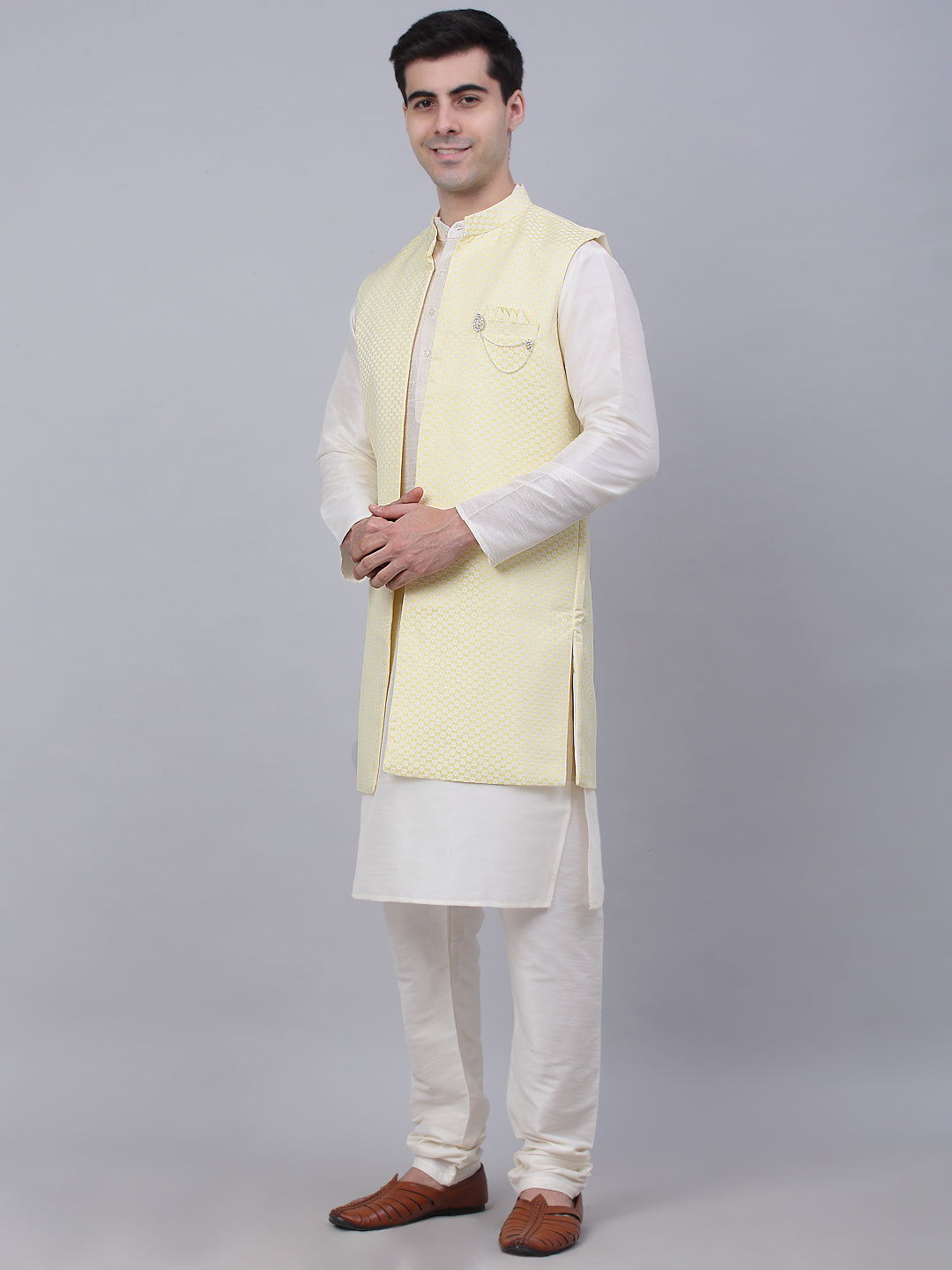 Men's Solid Kurta Pyjama With Shrug Jacket ( JOKPWCS W-D 4067Yellow )