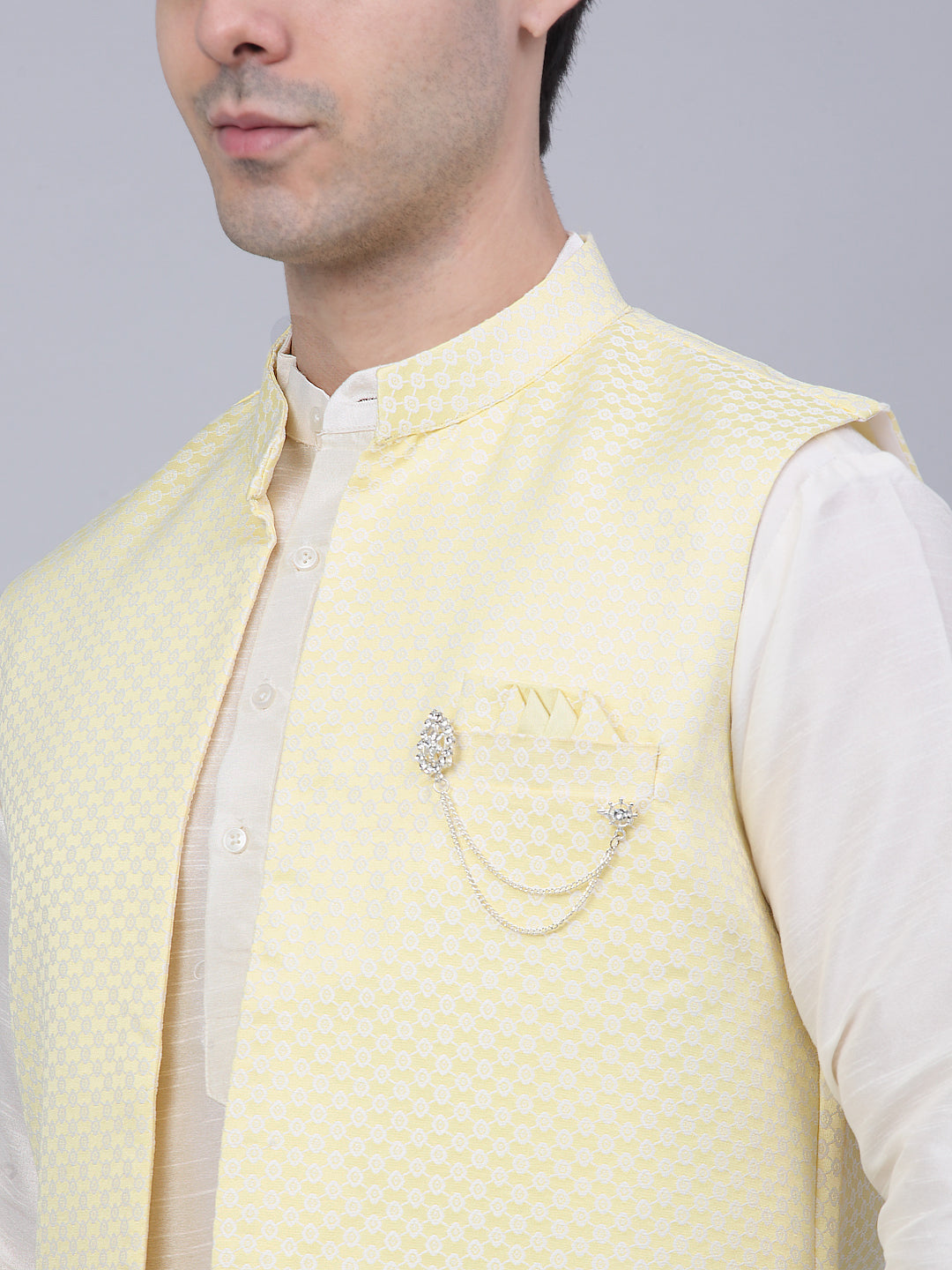 Men's Solid Kurta Pyjama With Shrug Jacket ( JOKPWCS W-D 4067Yellow )