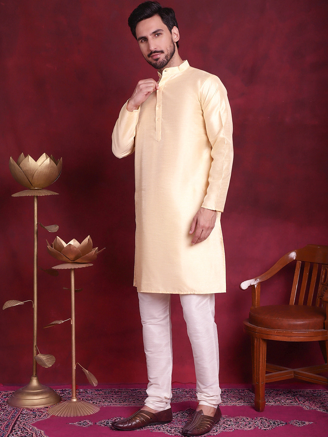 Woven Design Nehru Jacket With Kurta Pyjama Set ( JOKPWC 636G 4089 Mustard )