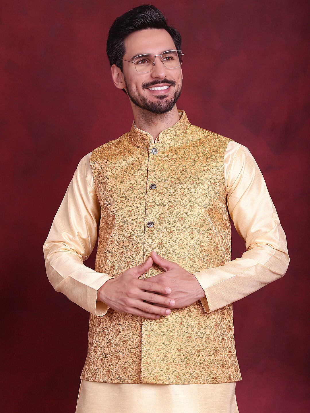 Woven Design Nehru Jacket With Kurta Pyjama Set ( JOKPWC 636G 4089 Mustard )