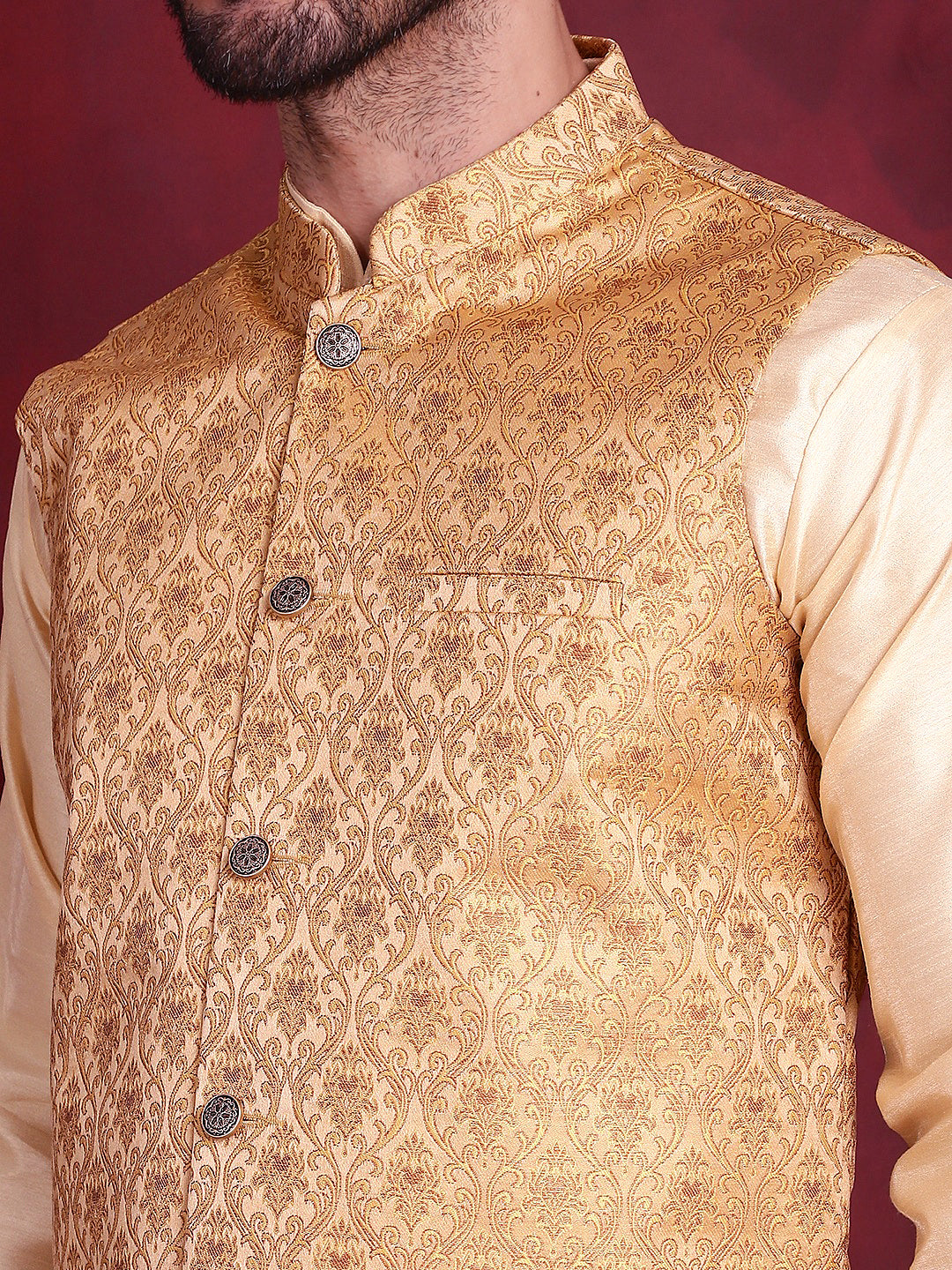 Woven Design Nehru Jacket With Kurta Pyjama Set ( JOKPWC 636G 4089 Mustard )