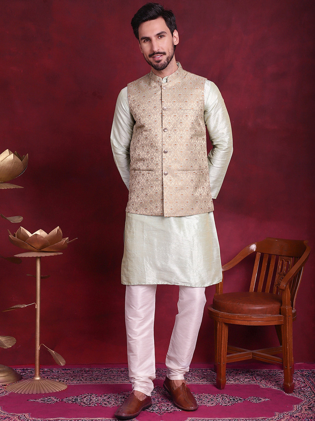 Woven Design Nehru Jacket With Kurta Pyjama Set ( JOKPWC 636P 4089 Golden )