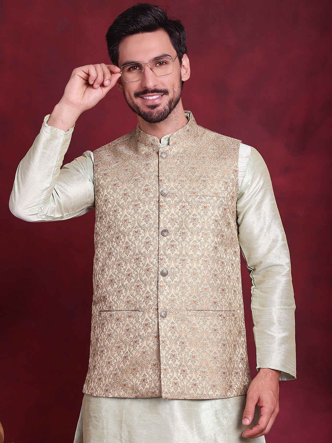 Woven Design Nehru Jacket With Kurta Pyjama Set ( JOKPWC 636P 4089 Golden )