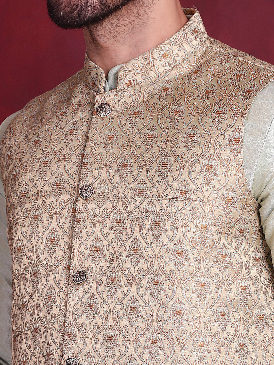 Woven Design Nehru Jacket With Kurta Pyjama Set ( JOKPWC 636P 4089 Golden )