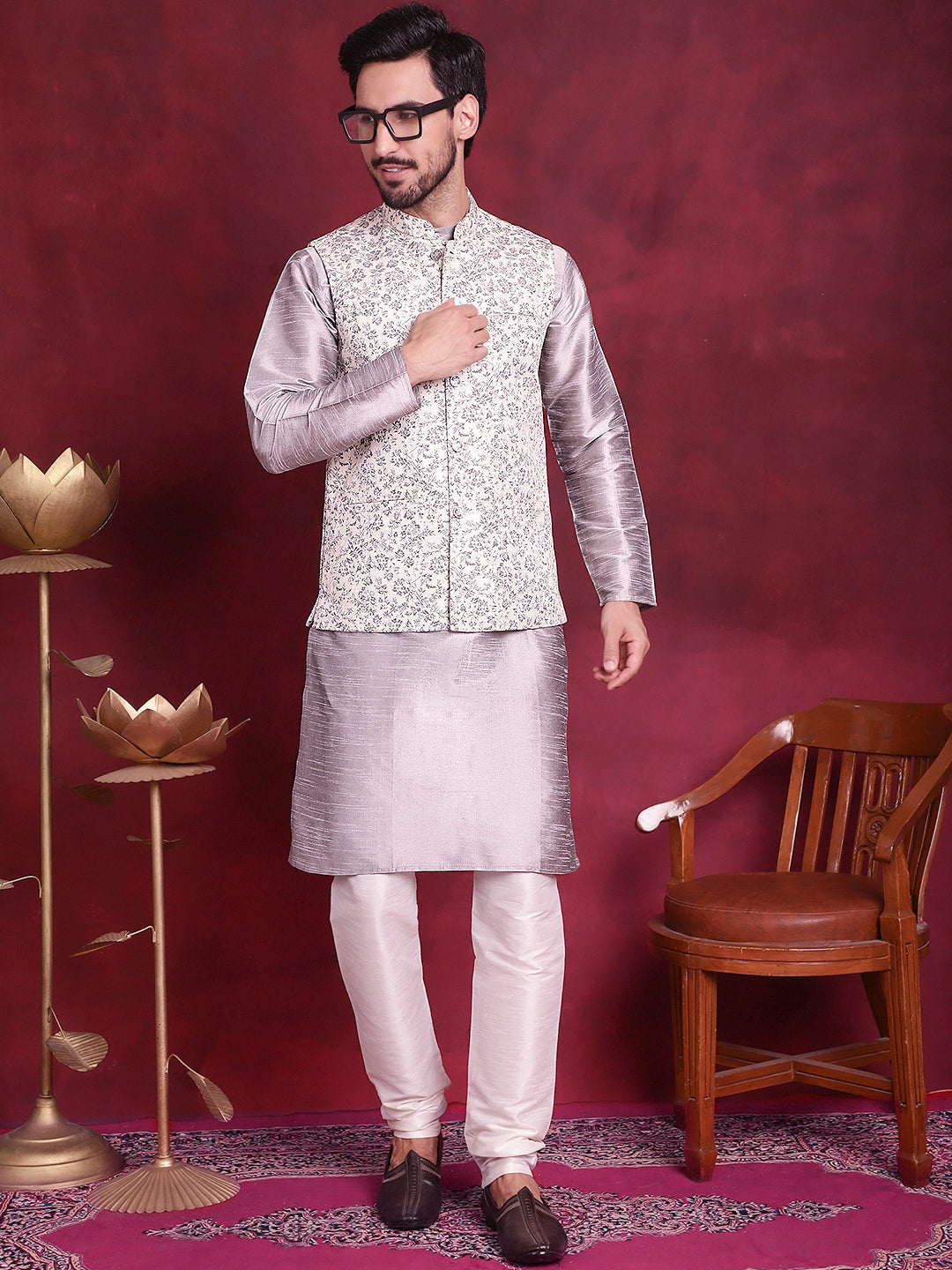 Woven Design Nehru Jacket With Kurta Pyjama Set ( JOKPWC 636S 4087 Grey )