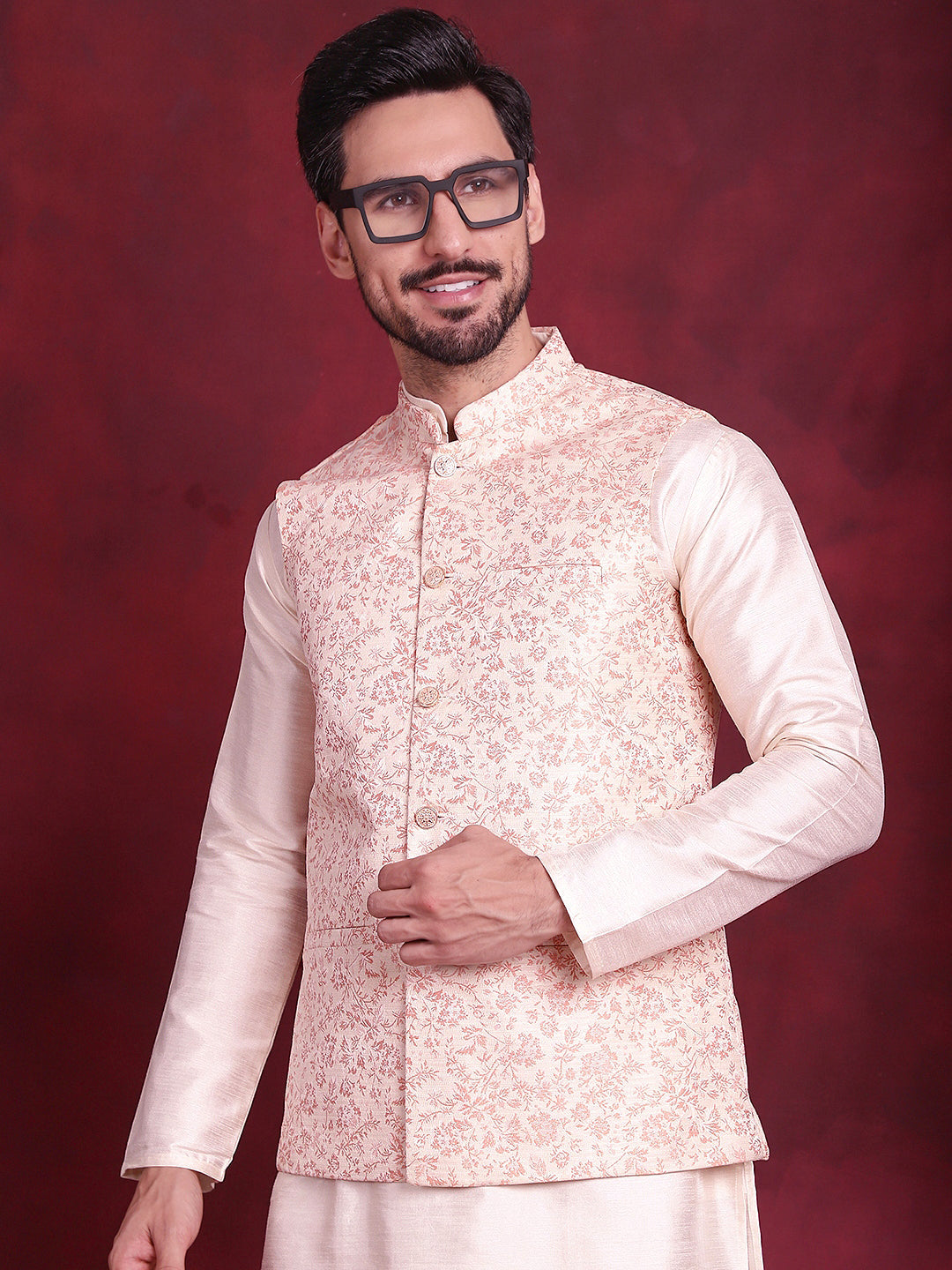 Woven Design Nehru Jacket With Kurta Pyjama Set ( JOKPWC 636W 4087 Pink )