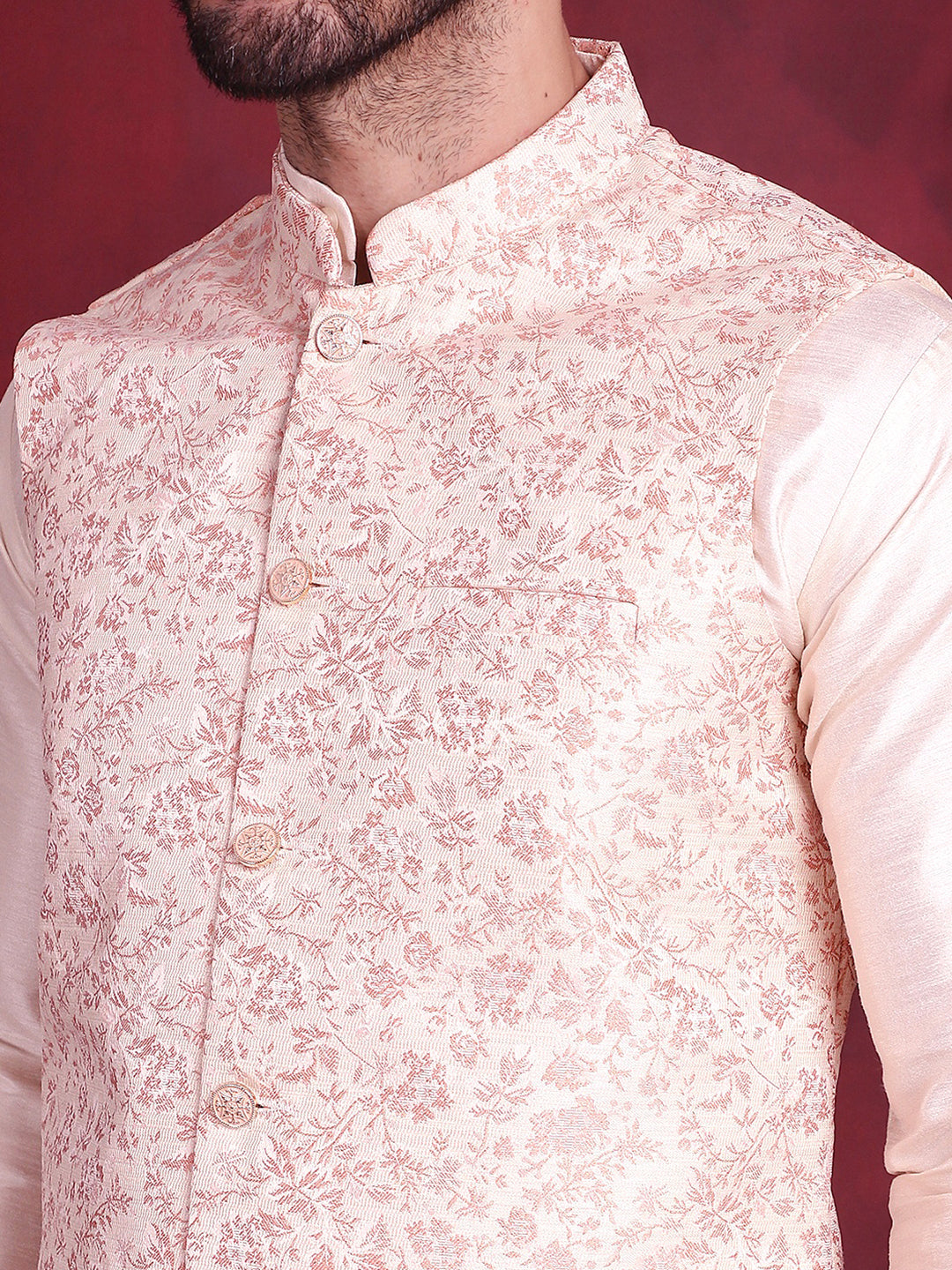 Woven Design Nehru Jacket With Kurta Pyjama Set ( JOKPWC 636W 4087 Pink )