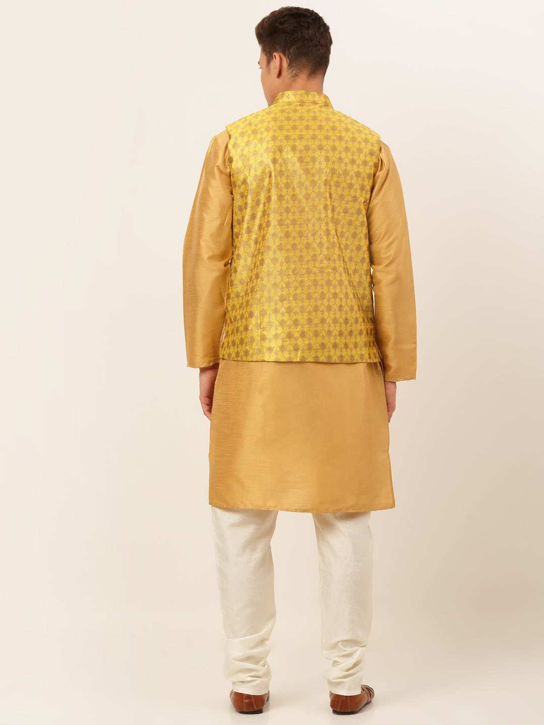 Men's Solid Kurta Pyjama With Nehru Jacket ( JOKPWC DG-D 4048Mustard )
