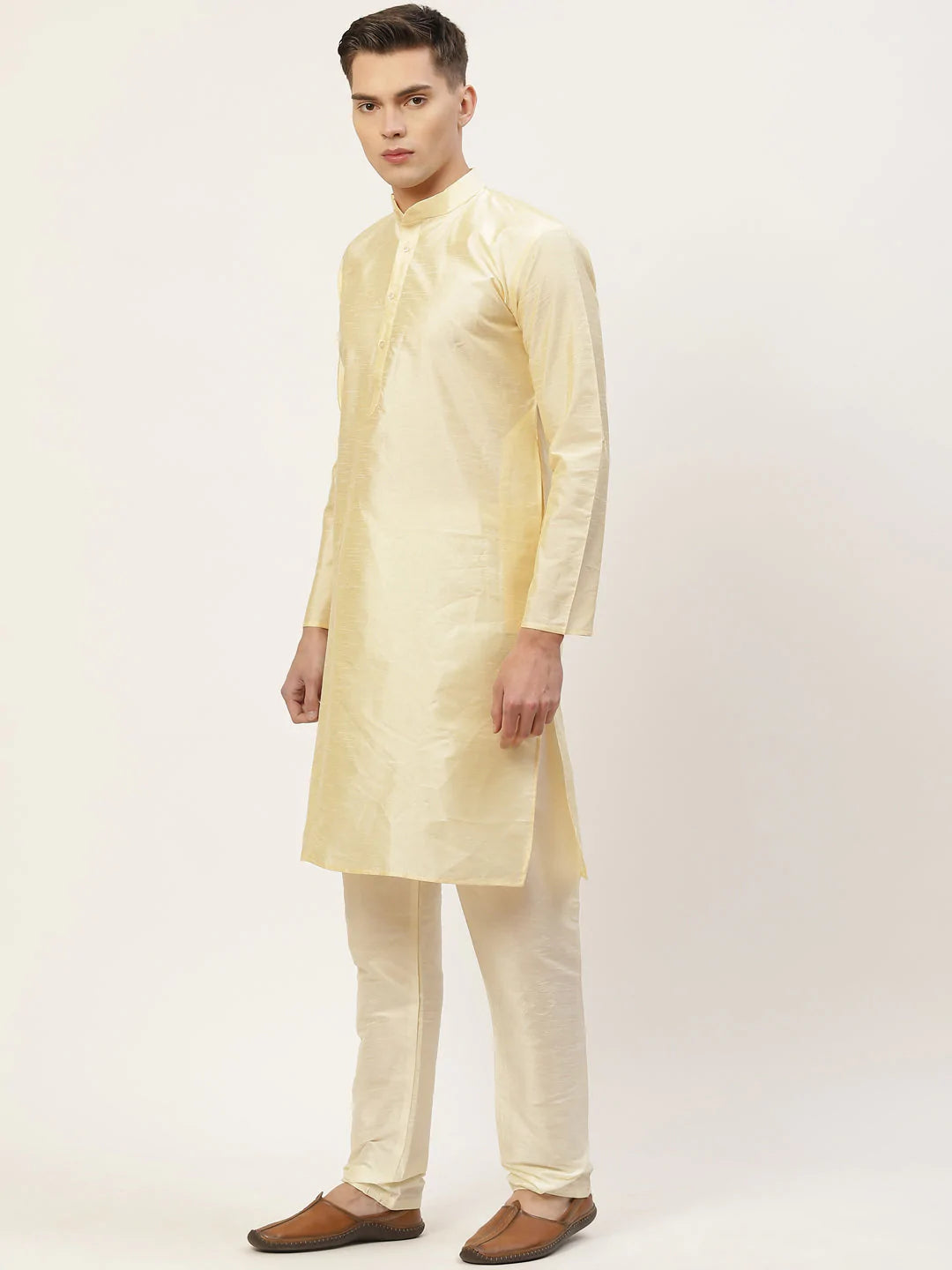 Men's Solid Kurta Pyjama With Floral Cream Printed Nehru Jacket( JOKPWC G-D 4032Cream )