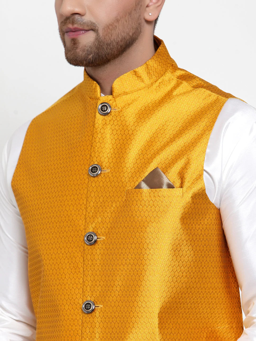 Jompers Men's Solid Dupion Kurta Pajama with Woven Nehru Jacket ( JOKPWC OW-D 4017Yellow )