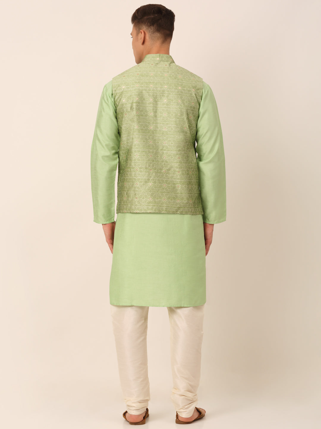 Men's Woven Design Nehru Jacket and Kurta Pyjama Set ( JOKPWC P-D 4045Pista )
