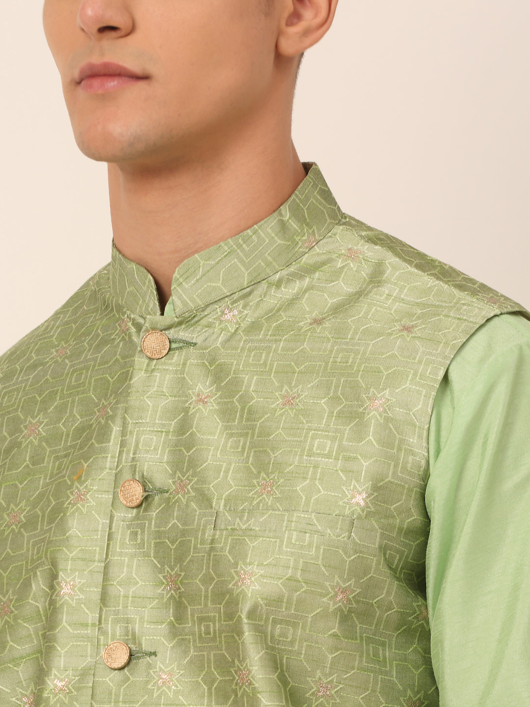 Men's Woven Design Nehru Jacket and Kurta Pyjama Set ( JOKPWC P-D 4045Pista )
