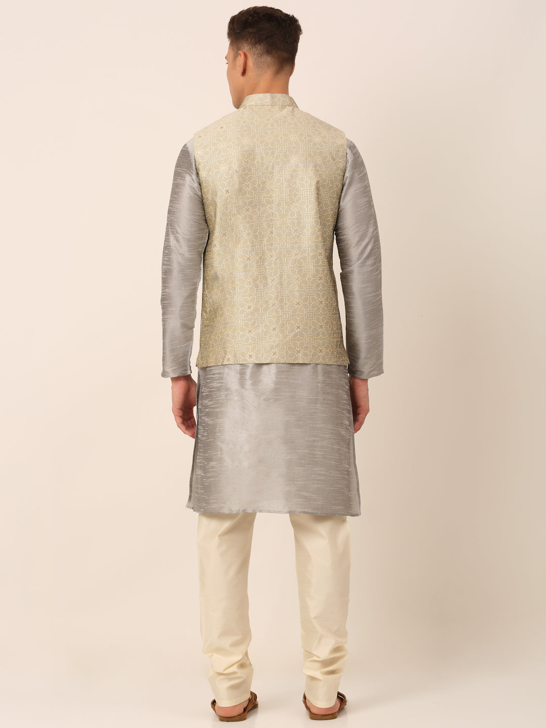 Men's Woven Design Nehru Jacket and Kurta Pyjama Set ( JOKPWC S-D 4045Beige )
