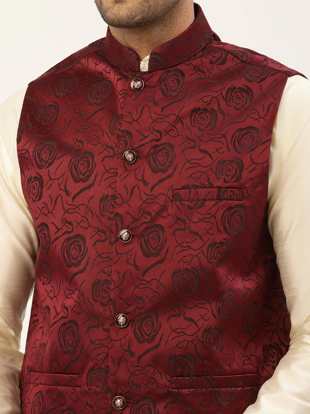 Men's Solid Kurta Pyjama With Maroon Floral Embroidered Nehru Jacket( JOKPWC W-D 4034Maroon )