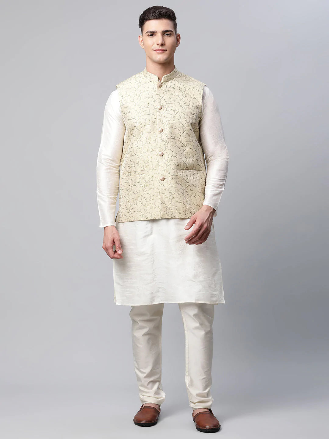 Men Dupion Silk Kurta Pyjama With Beige Printed Nehru Jacket( JOKPWC W-D 4039Beige )