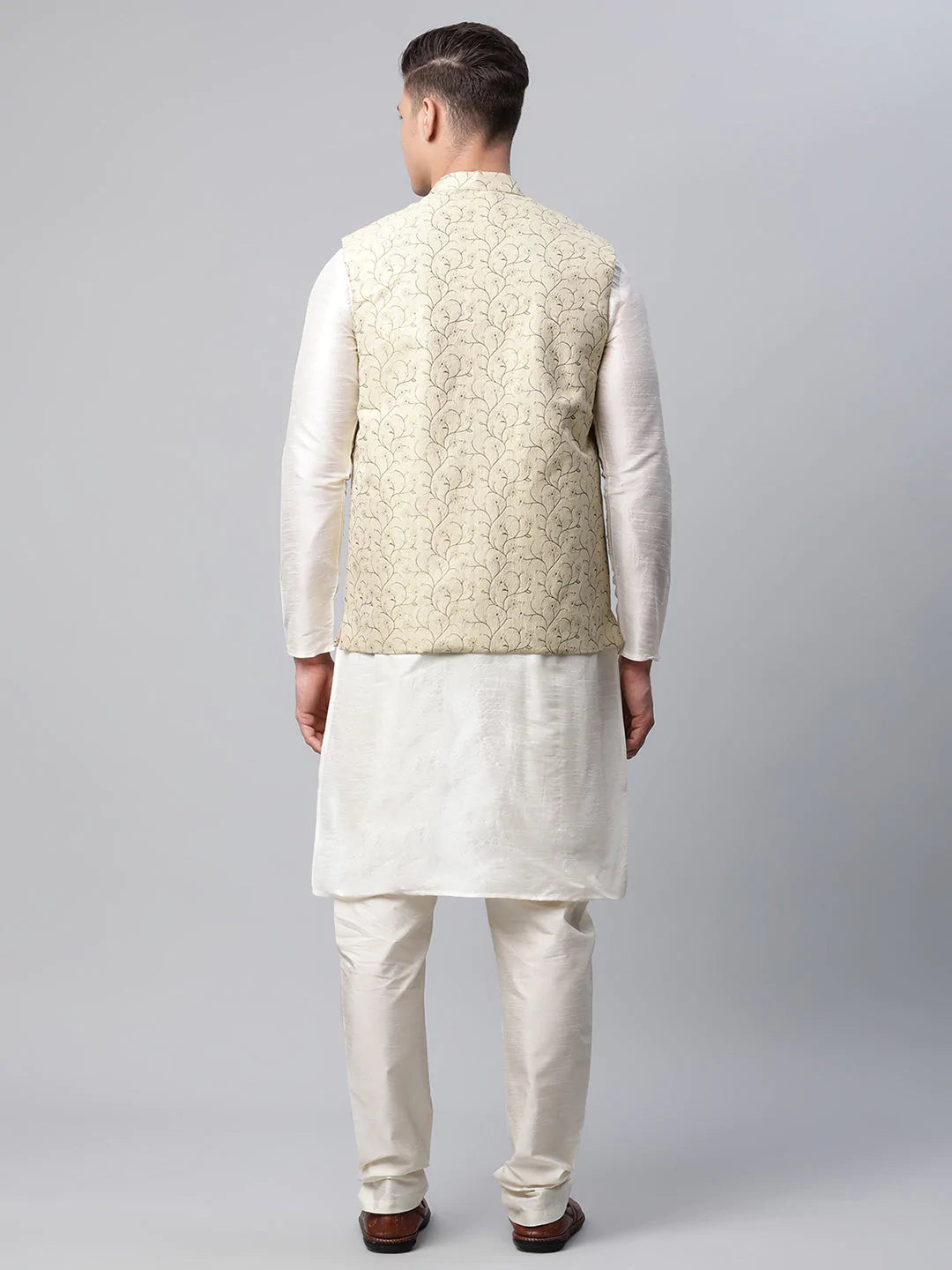 Men Dupion Silk Kurta Pyjama With Beige Printed Nehru Jacket( JOKPWC W-D 4039Beige )
