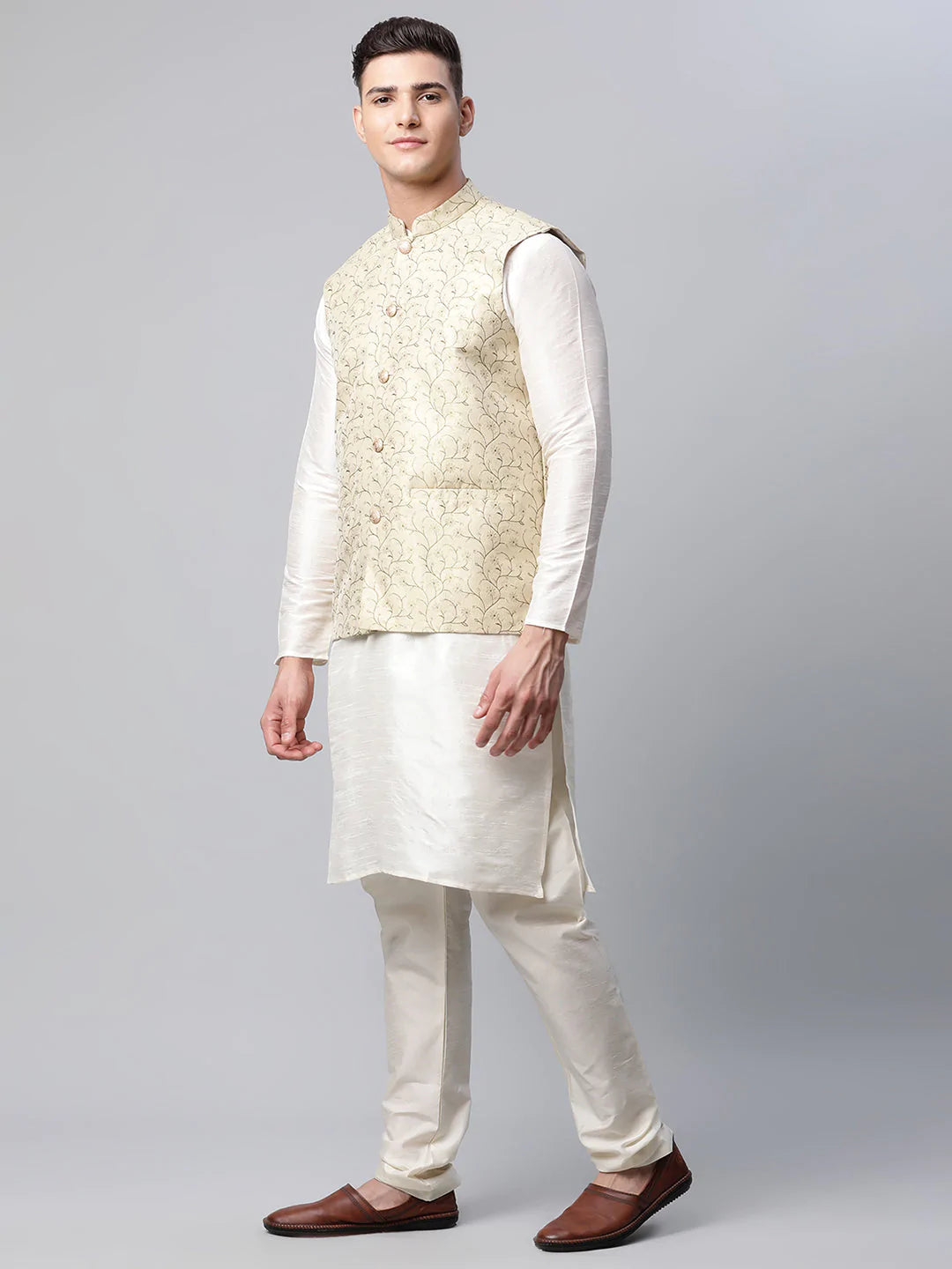 Men Dupion Silk Kurta Pyjama With Beige Printed Nehru Jacket( JOKPWC W-D 4039Beige )