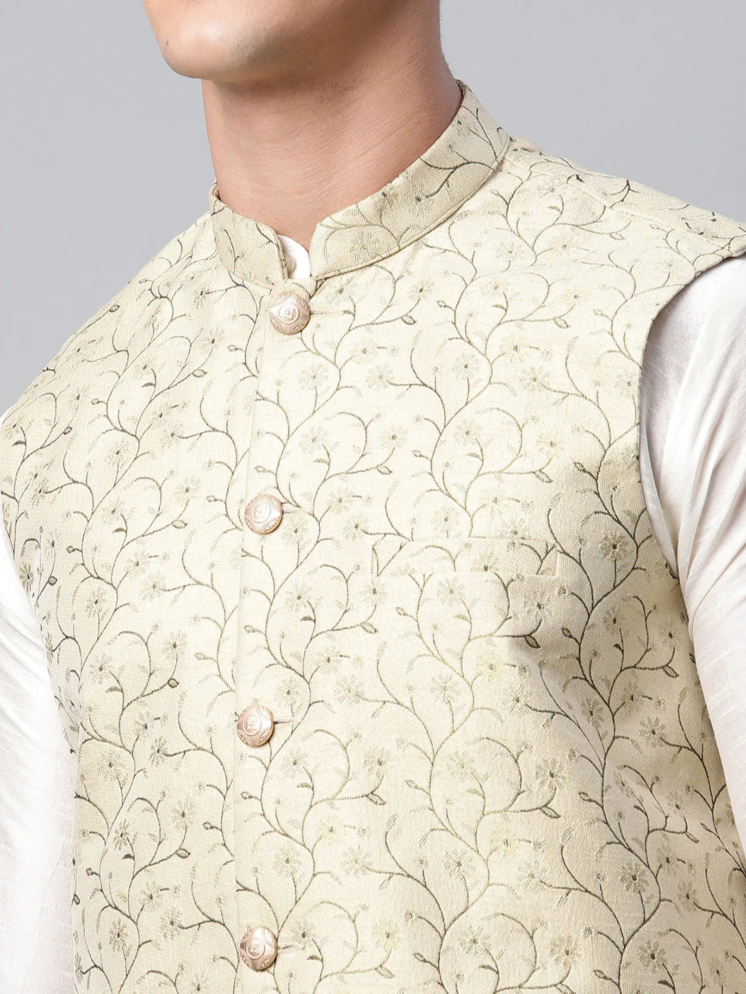 Men Dupion Silk Kurta Pyjama With Beige Printed Nehru Jacket( JOKPWC W-D 4039Beige )