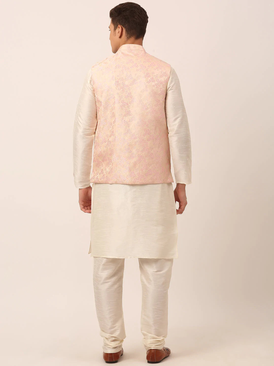 Men's Solid Kurta Pyjama With Pink Floral Embroidered Nehru Jacket( JOKPWC W-D 4042Pink )