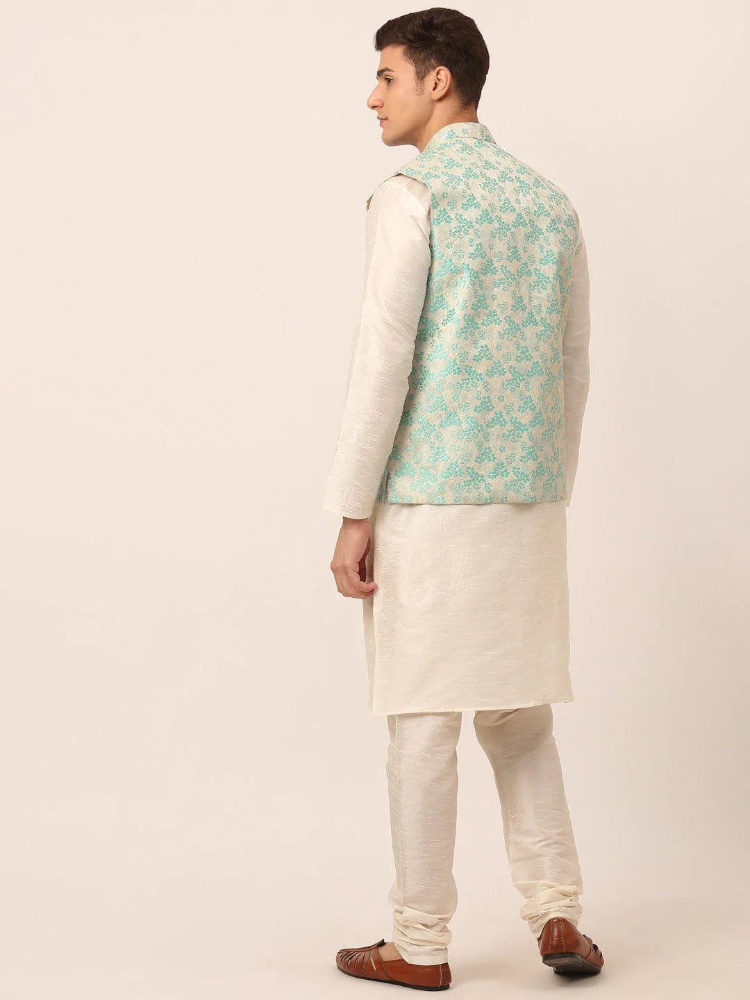 Men's Solid Kurta Pyjama With Sky Blue Floral Embroidered Nehru Jacket( JOKPWC W-D 4042Sky )