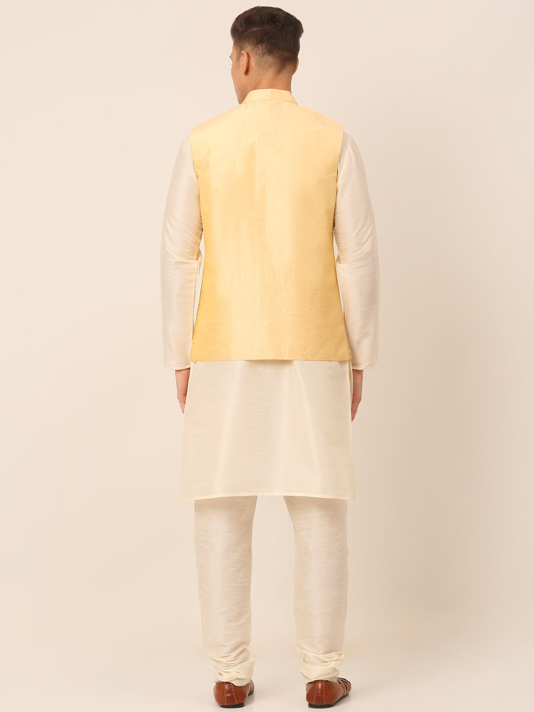 Men's Solid Dupion Silk Kurta Pyjama With Embroidered Nehru Jacket ( JOKPWC W-D 4044Golden )