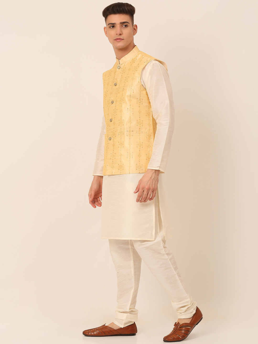 Men's Solid Dupion Silk Kurta Pyjama With Embroidered Nehru Jacket ( JOKPWC W-D 4044Golden )