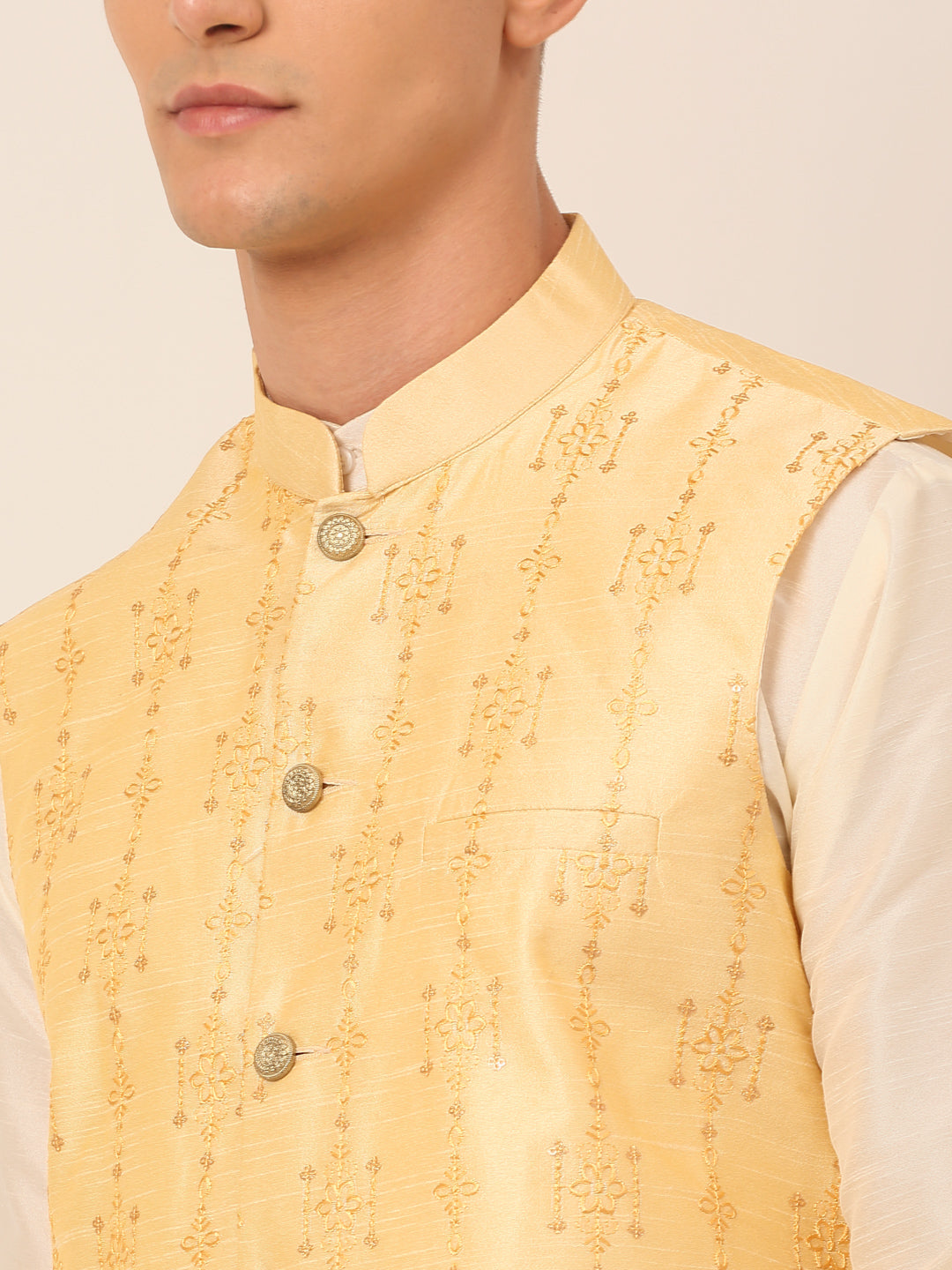 Men's Solid Dupion Silk Kurta Pyjama With Embroidered Nehru Jacket ( JOKPWC W-D 4044Golden )