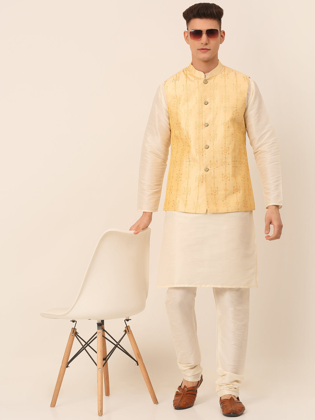 Men's Solid Dupion Silk Kurta Pyjama With Embroidered Nehru Jacket ( JOKPWC W-D 4044Golden )