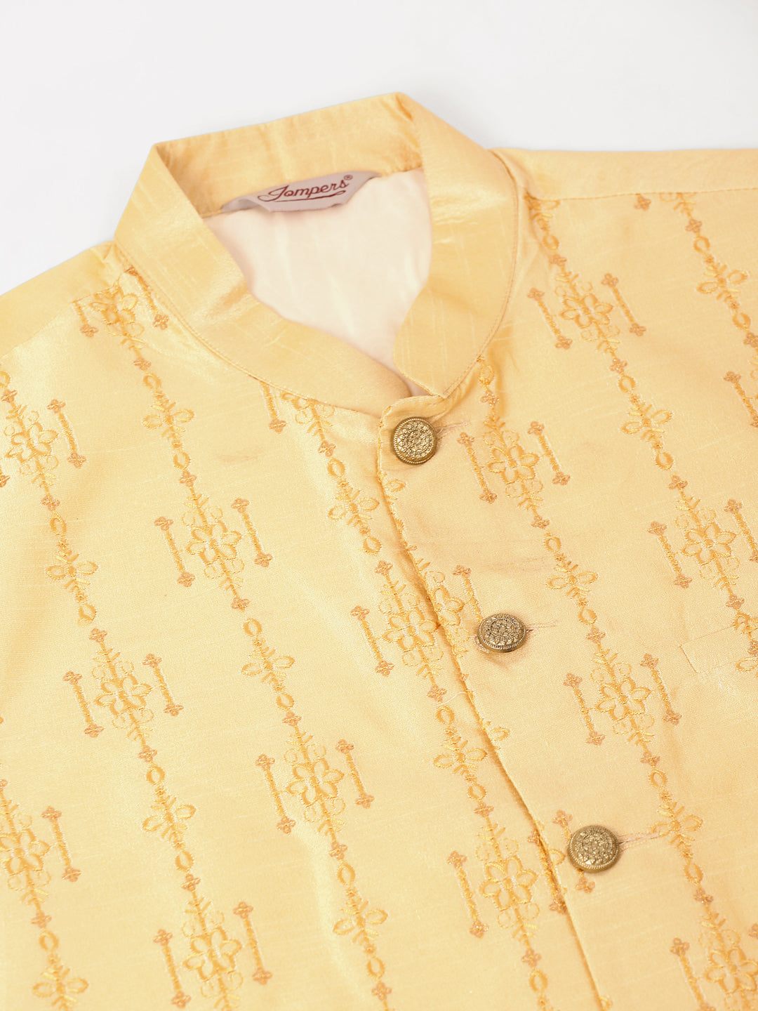 Men's Solid Dupion Silk Kurta Pyjama With Embroidered Nehru Jacket ( JOKPWC W-D 4044Golden )