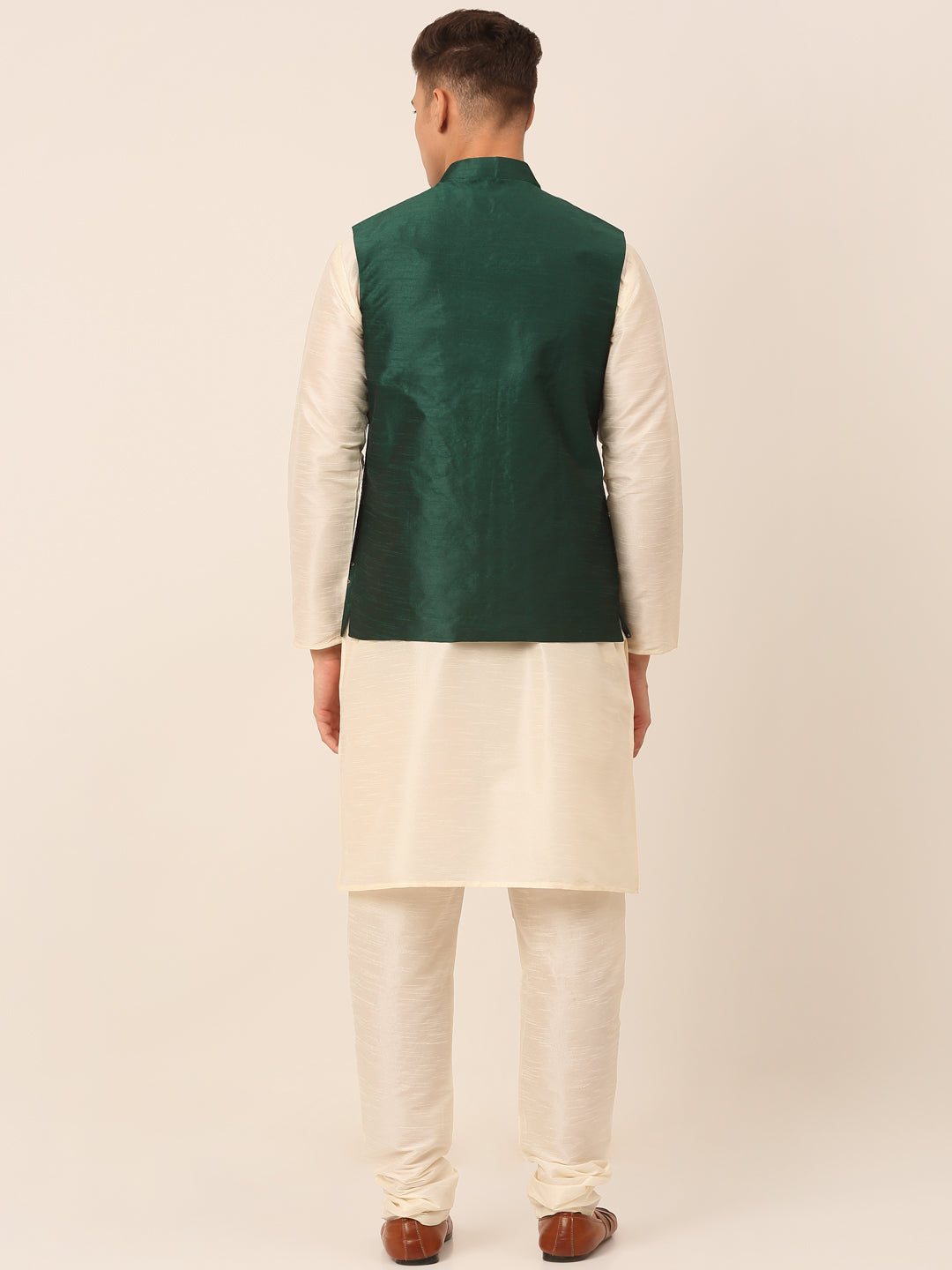 Men's Solid Dupion Silk Kurta Pyjama With Embroidered Nehru Jacket ( JOKPWC W-D 4044Green )