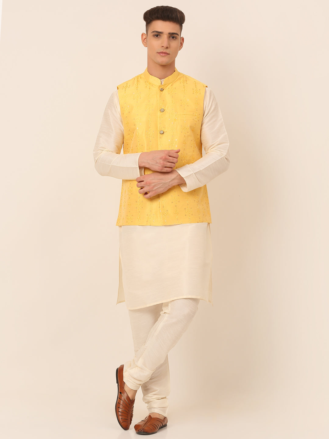Men's Solid Dupion Silk Kurta Pyjama With Embroidered Nehru Jacket ( JOKPWC W-D 4044Yellow )