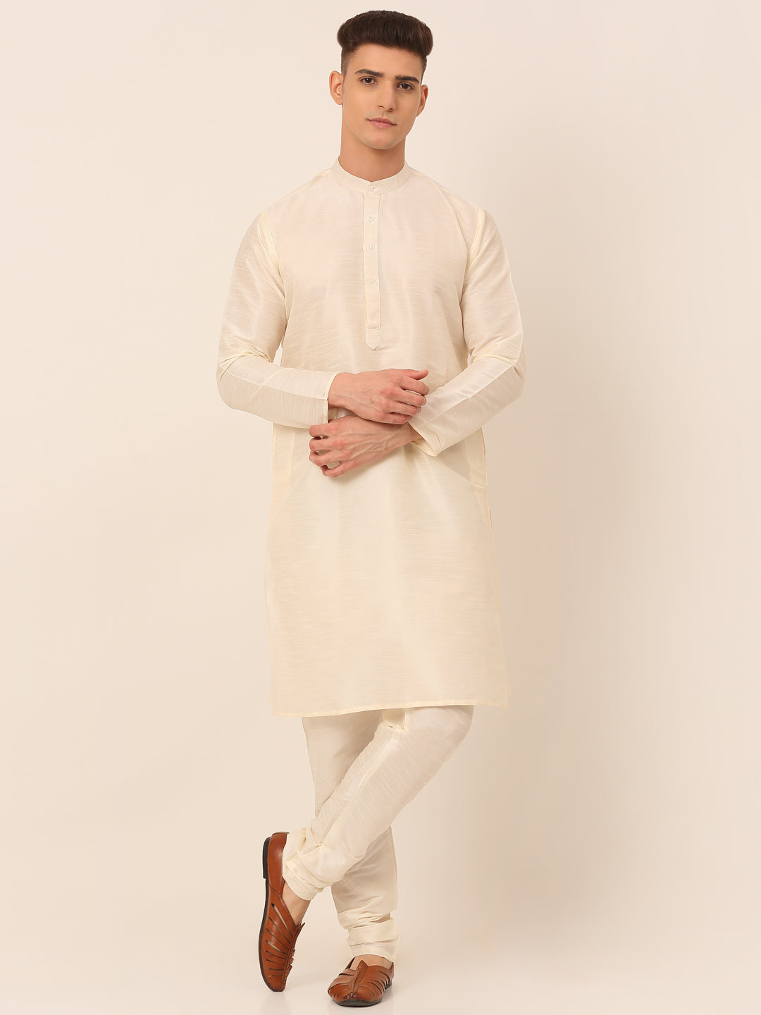 Men's Solid Dupion Silk Kurta Pyjama With Embroidered Nehru Jacket ( JOKPWC W-D 4044Yellow )