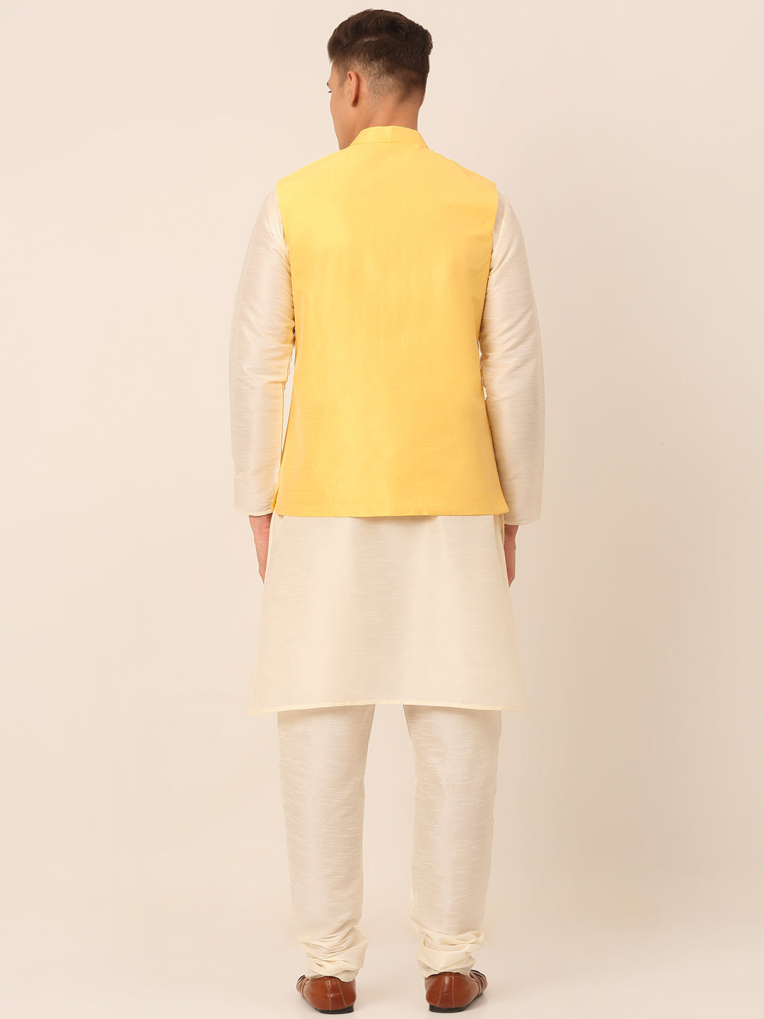 Men's Solid Dupion Silk Kurta Pyjama With Embroidered Nehru Jacket ( JOKPWC W-D 4044Yellow )