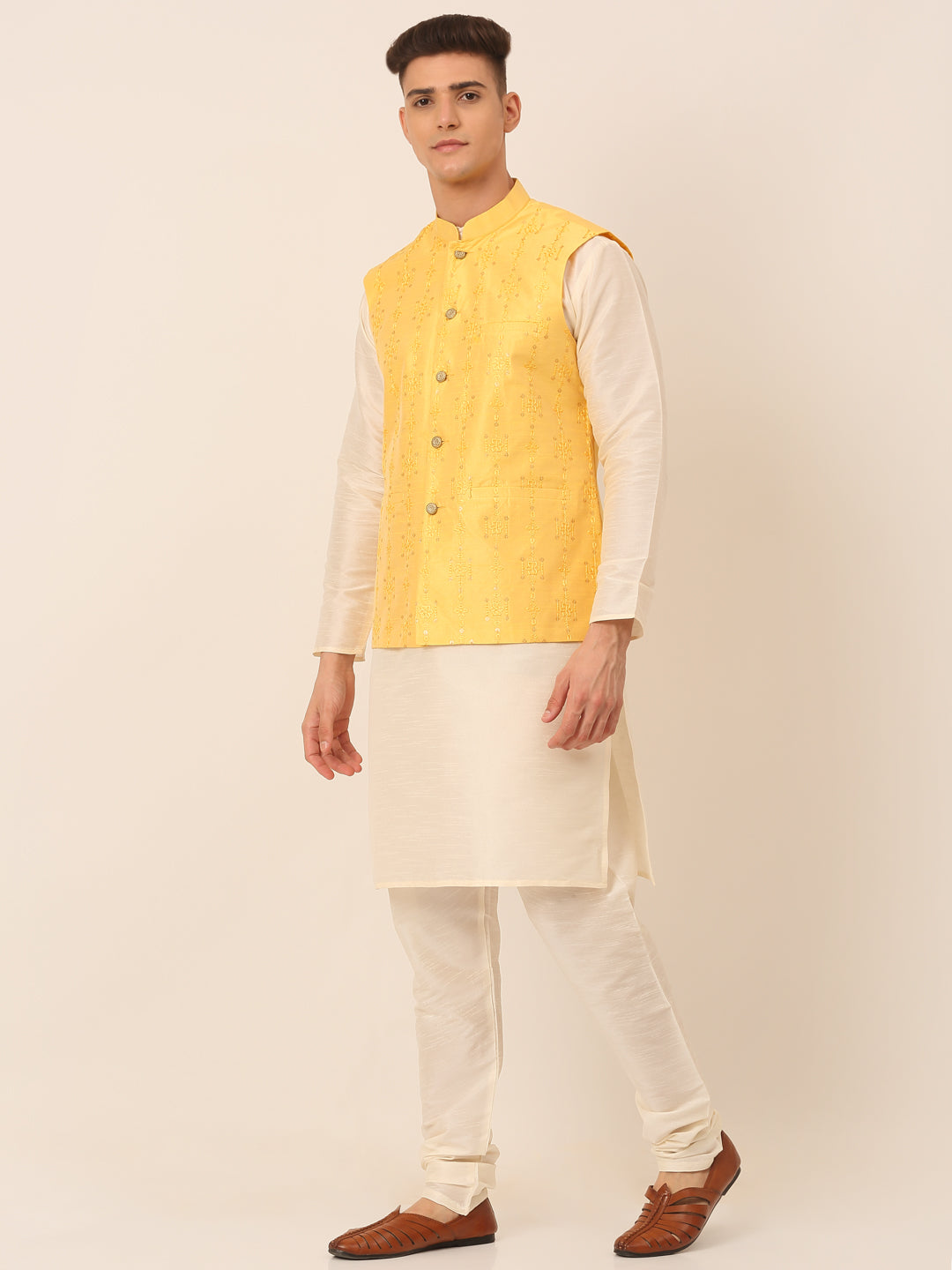 Men's Solid Dupion Silk Kurta Pyjama With Embroidered Nehru Jacket ( JOKPWC W-D 4044Yellow )